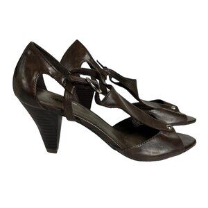 Fioni Shoes Heels Womens Brown Size 7.5 Strap Open Peep Toe 3" Heel